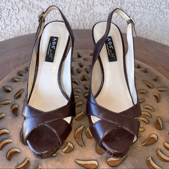 ABS Brown Leather Peep Toe Sling Back High Heeled Shoes Sz 7.5B - Picture 5 of 11